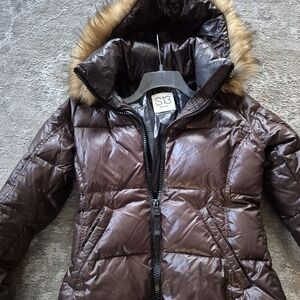 S13 NEW YORK BROWN PUFFER JACKET WITH FAUX FUR HOOD TRIM SIZE S